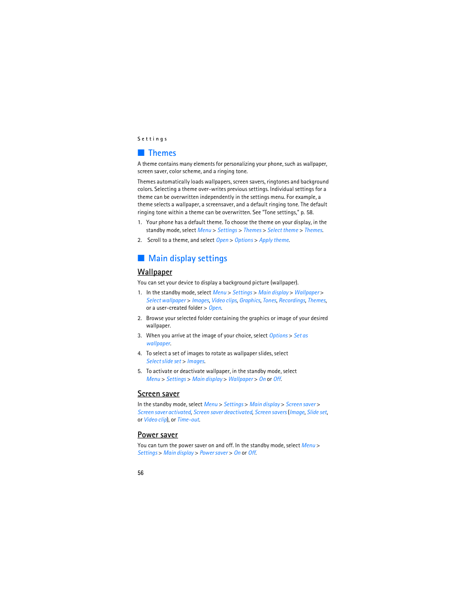 Themes, Main display settings, Wallpaper | Screen saver, Power saver | Nokia 6155i User Manual | Page 57 / 209