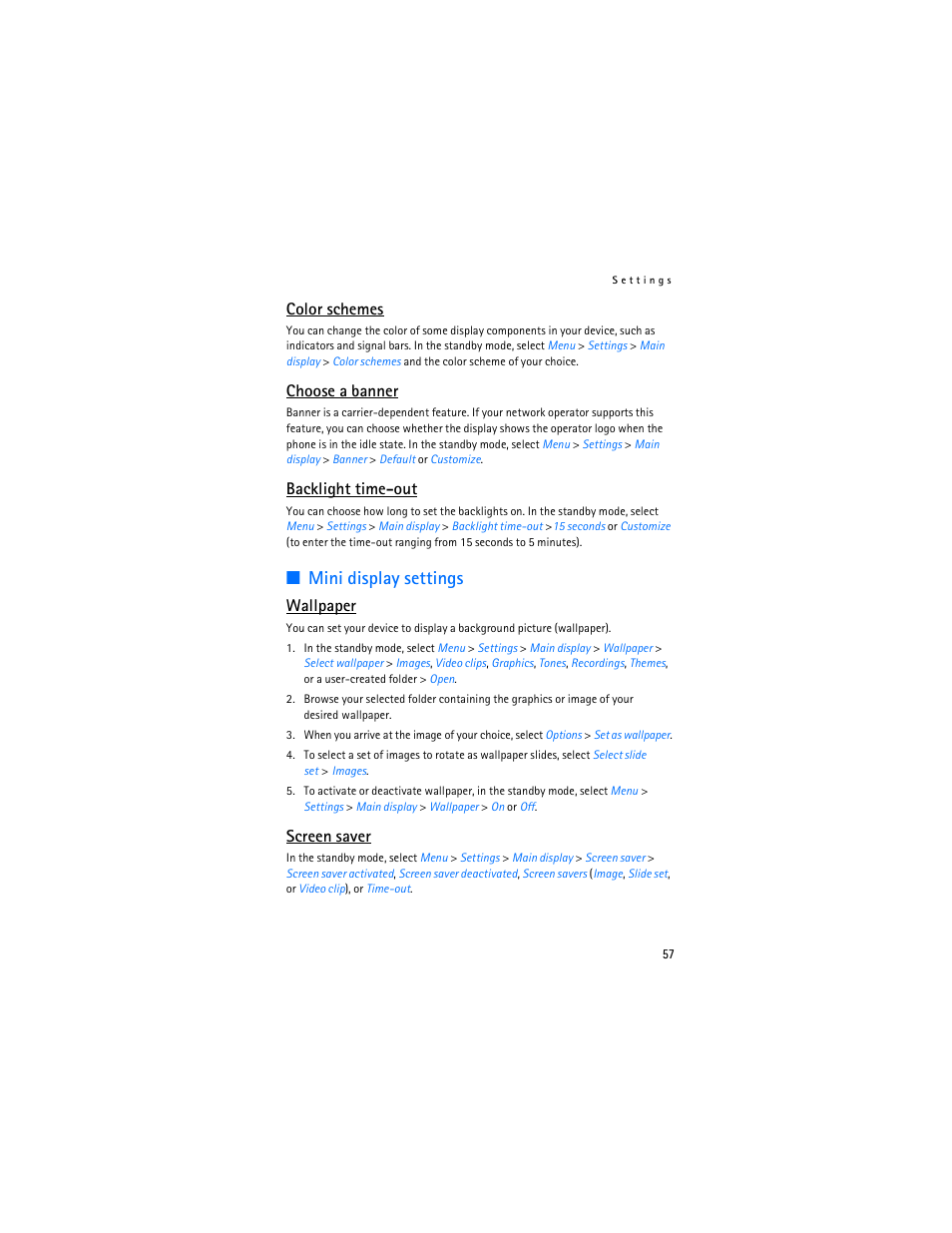 Mini display settings, Color schemes, Choose a banner | Backlight time-out, Wallpaper, Screen saver | Nokia 6155i User Manual | Page 58 / 209