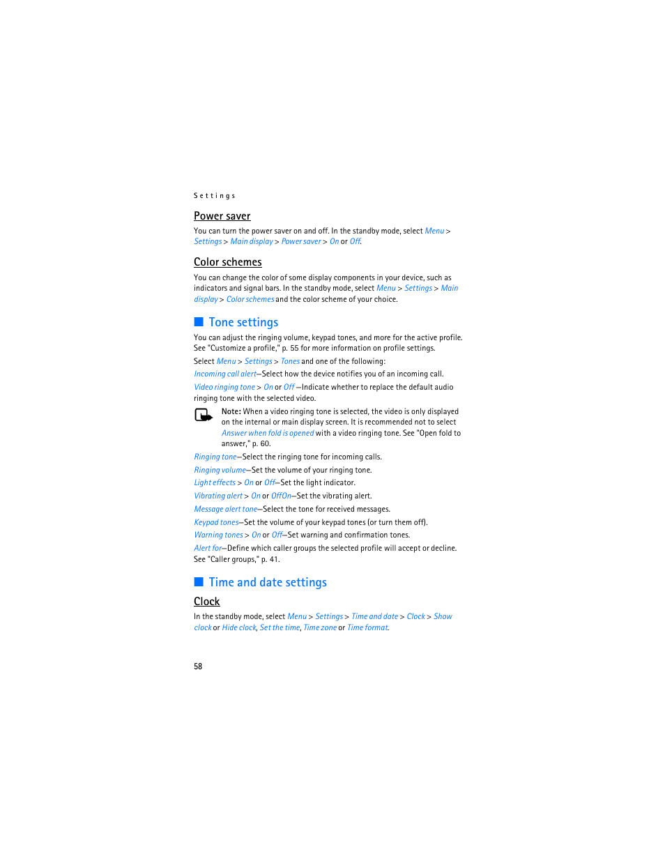 Tone settings, Time and date settings, Power saver | Color schemes, Clock | Nokia 6155i User Manual | Page 59 / 209