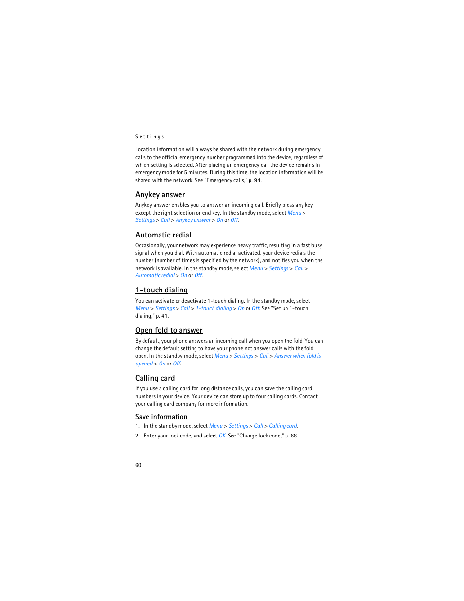 Open fold to, Answer," p. 60, Anykey answer | Automatic redial, Touch dialing, Open fold to answer, Calling card | Nokia 6155i User Manual | Page 61 / 209