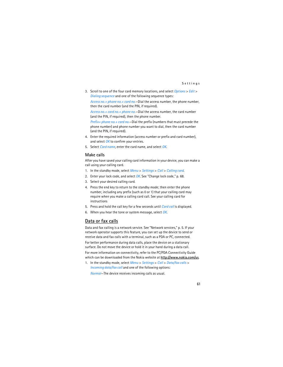 Data or fax calls | Nokia 6155i User Manual | Page 62 / 209