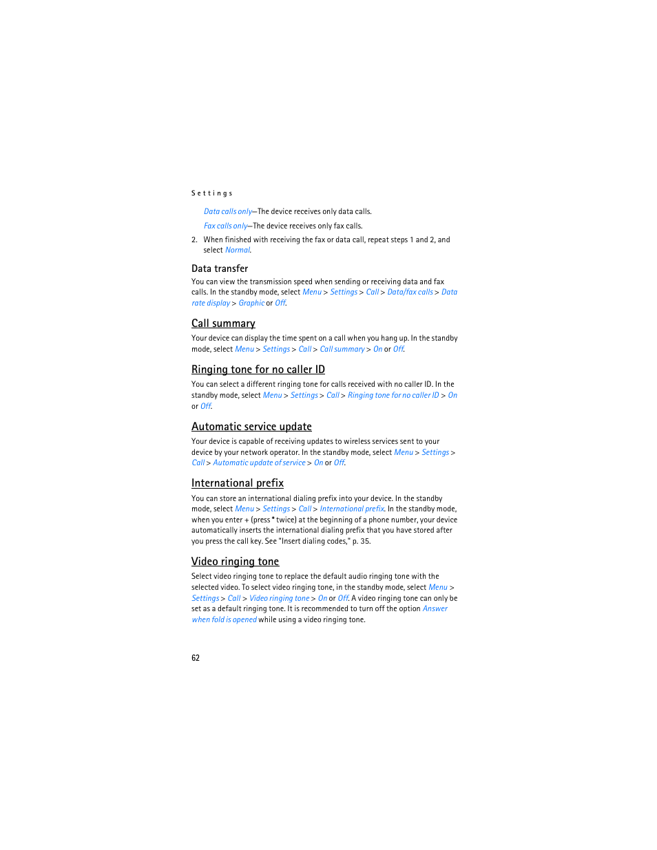 Call summary, Ringing tone for no caller id, Automatic service update | International prefix, Video ringing tone | Nokia 6155i User Manual | Page 63 / 209