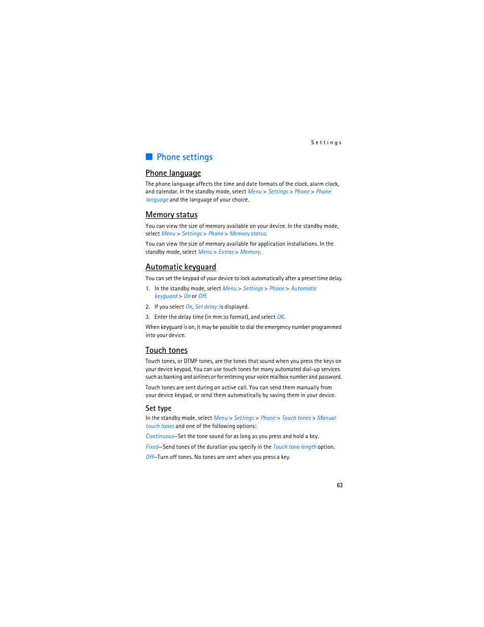 Phone settings, Phone language, Automatic keyguard | Touch tones | Nokia 6155i User Manual | Page 64 / 209