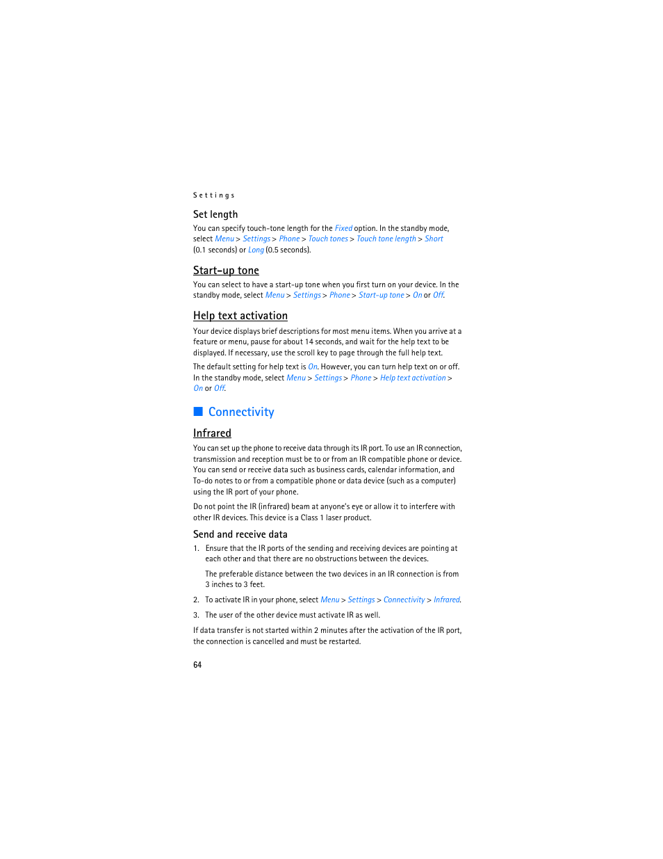 Connectivity, Start-up tone, Help text activation | Infrared | Nokia 6155i User Manual | Page 65 / 209
