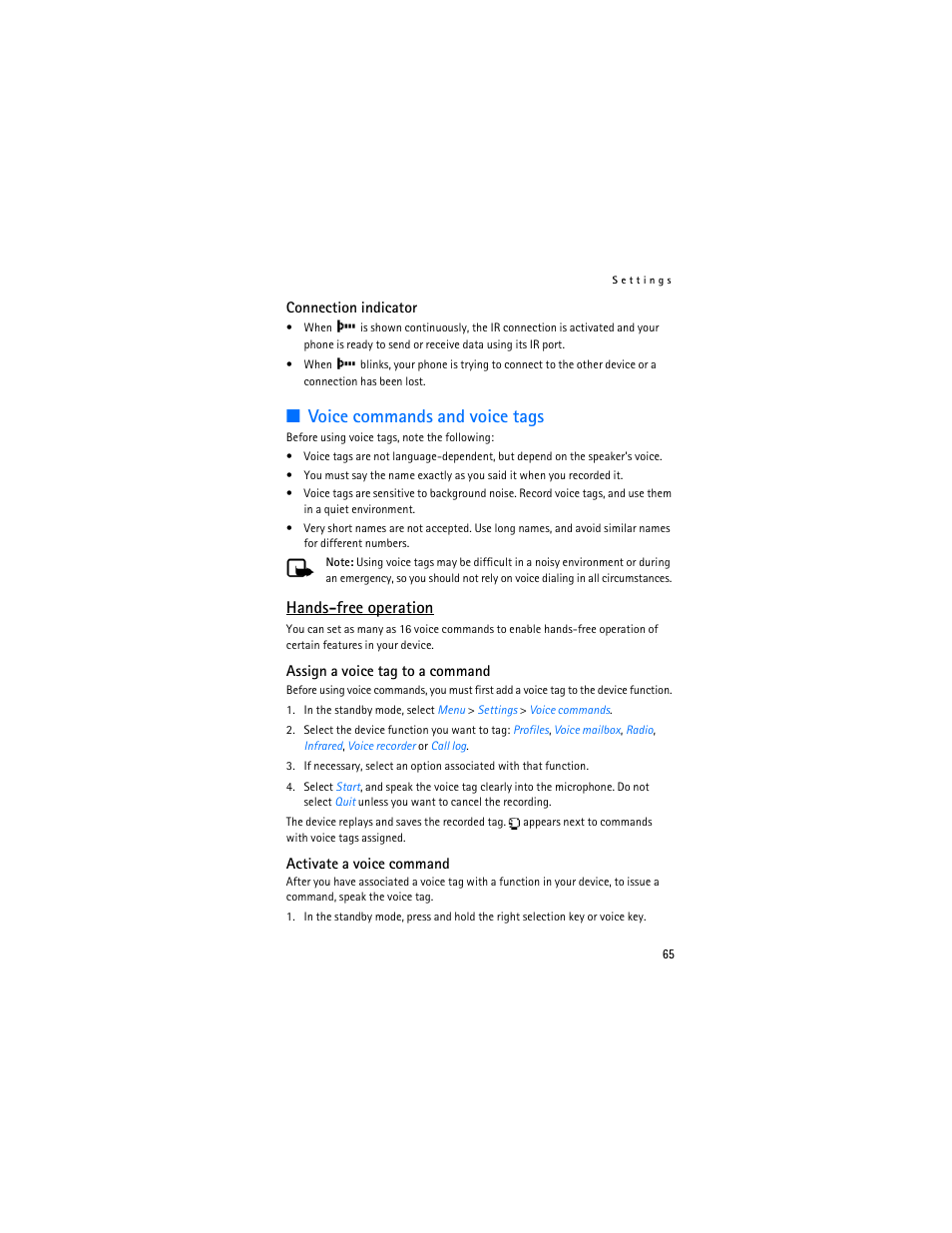 Voice commands and voice tags, Hands-free operation | Nokia 6155i User Manual | Page 66 / 209
