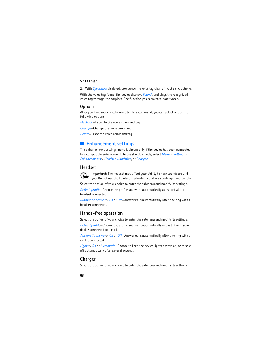 Enhancement settings, E "enhancement settings," p. 66, Headset | Hands-free operation, Charger | Nokia 6155i User Manual | Page 67 / 209