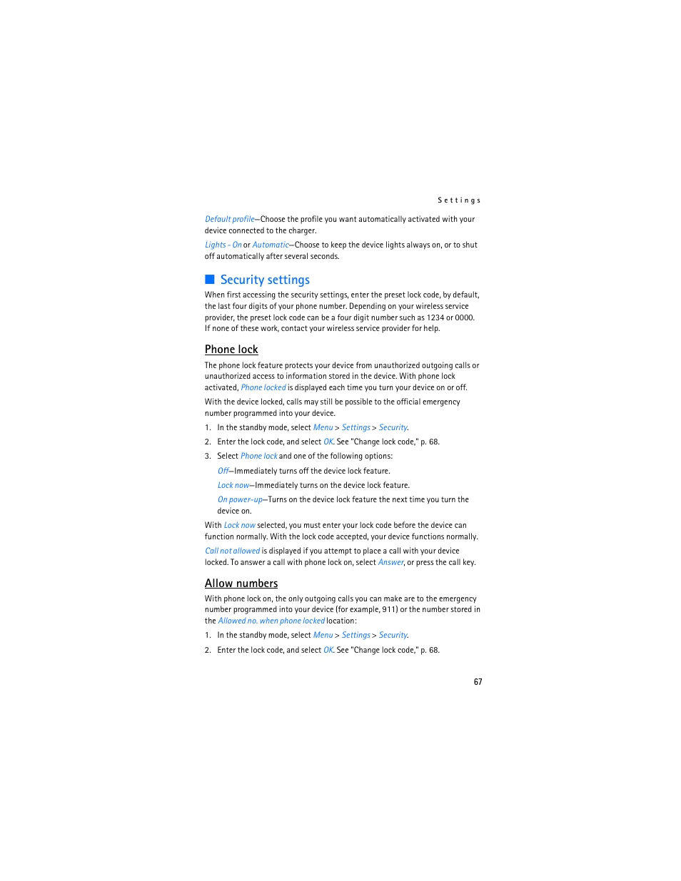 Security settings, Phone lock, Allow numbers | Nokia 6155i User Manual | Page 68 / 209