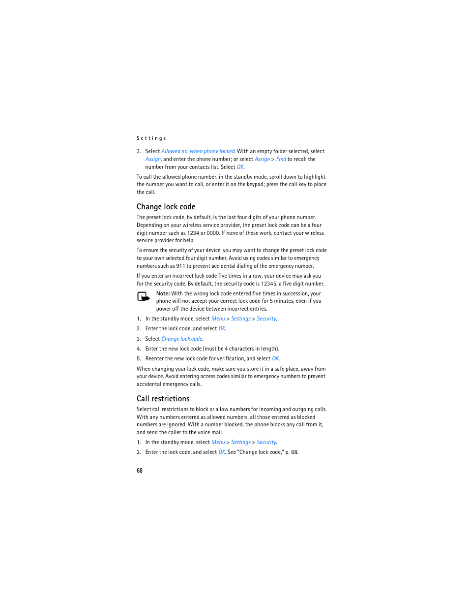 Change lock code," p. 68, Change lock code, Call restrictions | Nokia 6155i User Manual | Page 69 / 209