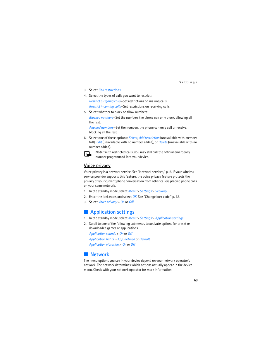 Application settings, Network, Voice privacy | Nokia 6155i User Manual | Page 70 / 209