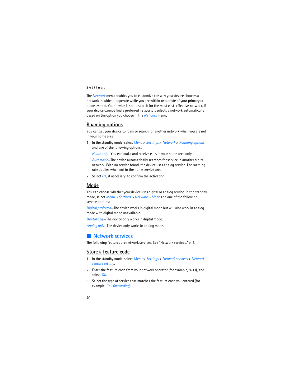 Network services, Roaming options, Mode | Store a feature code | Nokia 6155i User Manual | Page 71 / 209