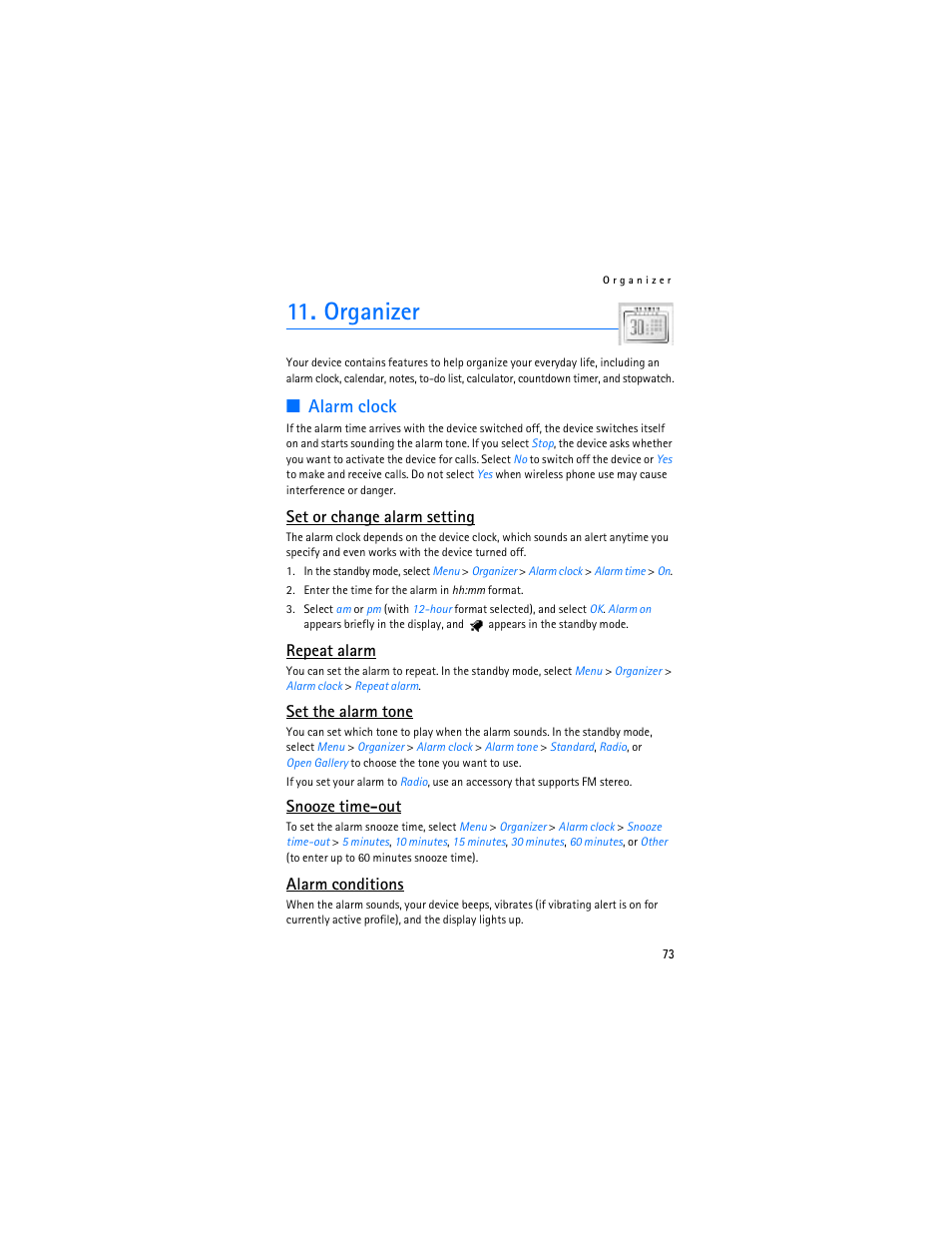 Organizer, Alarm clock, Alarm clock," p. 73 | Set or change alarm setting, Repeat alarm, Set the alarm tone, Snooze time-out, Alarm conditions | Nokia 6155i User Manual | Page 74 / 209