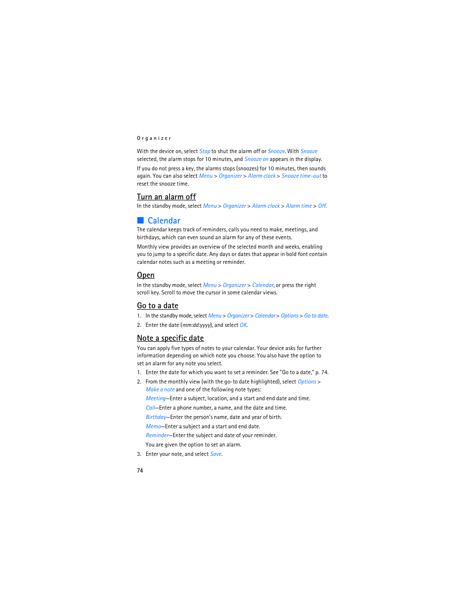 Calendar, Turn an alarm off, Open | Go to a date | Nokia 6155i User Manual | Page 75 / 209