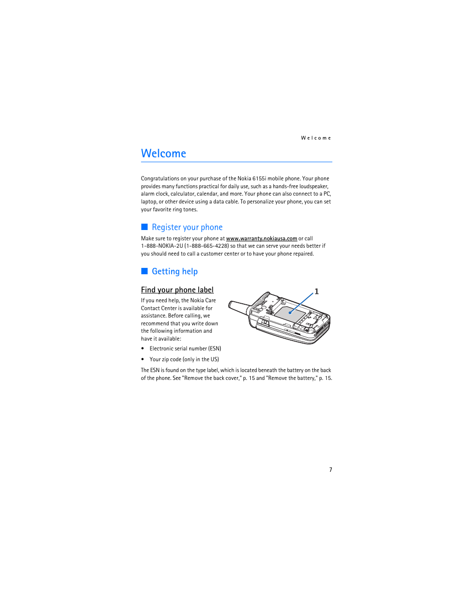 Welcome, Register your phone, Getting help | Nokia 6155i User Manual | Page 8 / 209