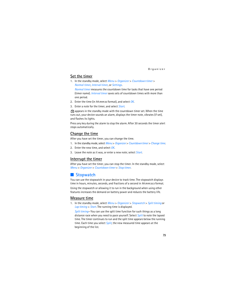 Stopwatch, Set the timer, Change the time | Interrupt the timer, Measure time | Nokia 6155i User Manual | Page 80 / 209