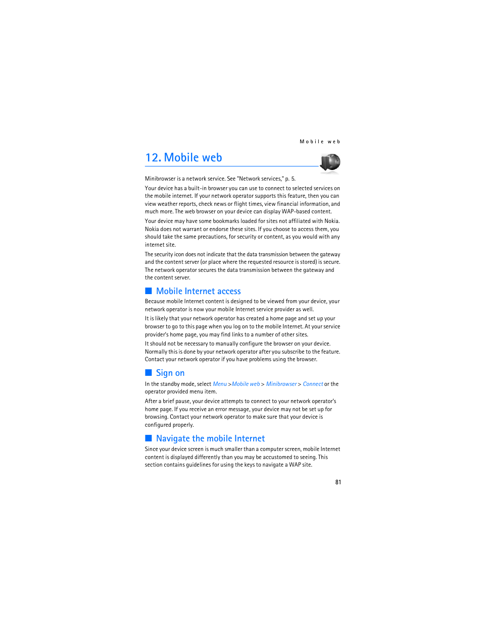 Mobile web, Mobile internet access, Sign on | Navigate the mobile internet | Nokia 6155i User Manual | Page 82 / 209