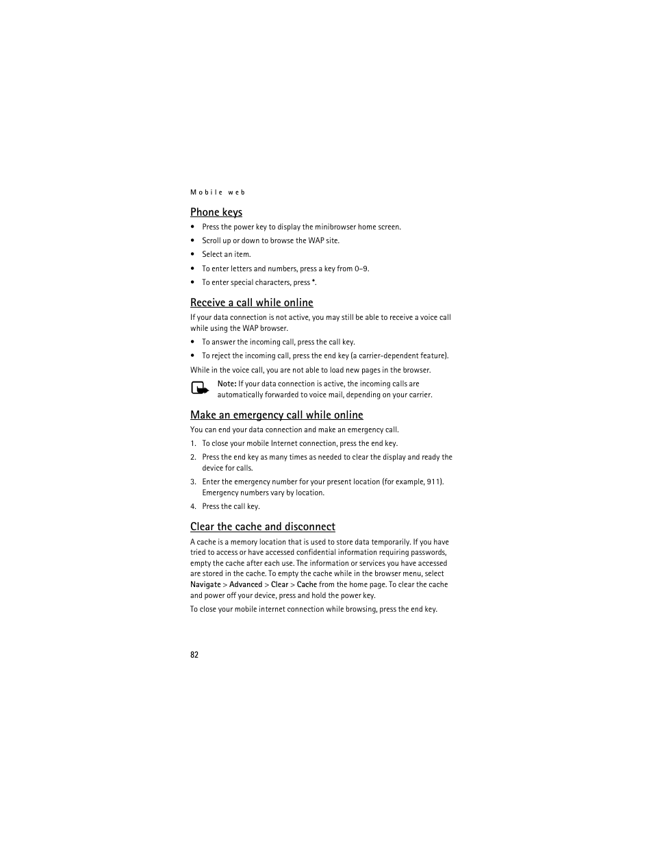Phone keys, Receive a call while online, Make an emergency call while online | Clear the cache and disconnect | Nokia 6155i User Manual | Page 83 / 209