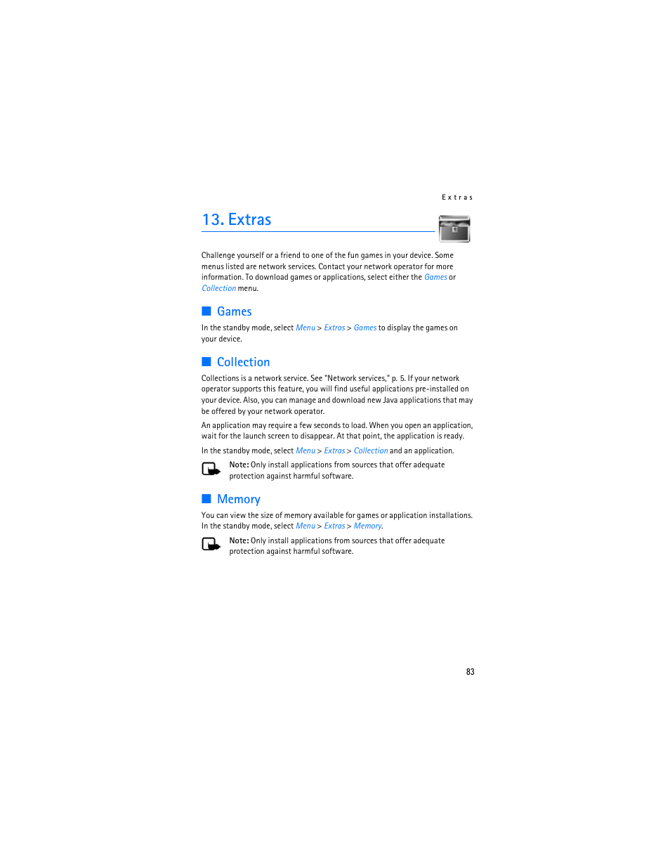 Extras, Games, Collections | Memory, Collection | Nokia 6155i User Manual | Page 84 / 209