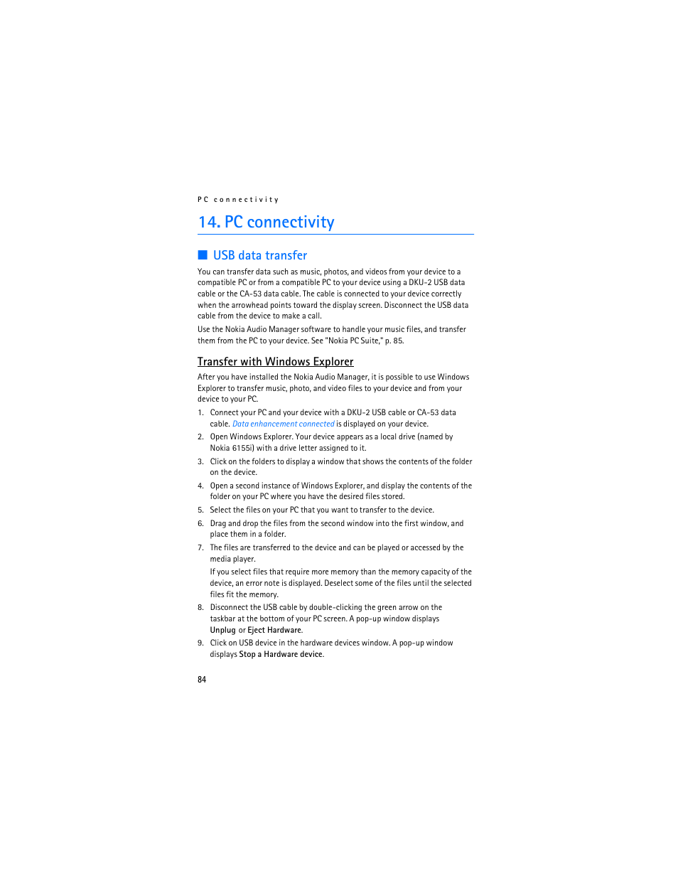 Pc connectivity, Usb data transfer, Transfer with windows explorer | Nokia 6155i User Manual | Page 85 / 209