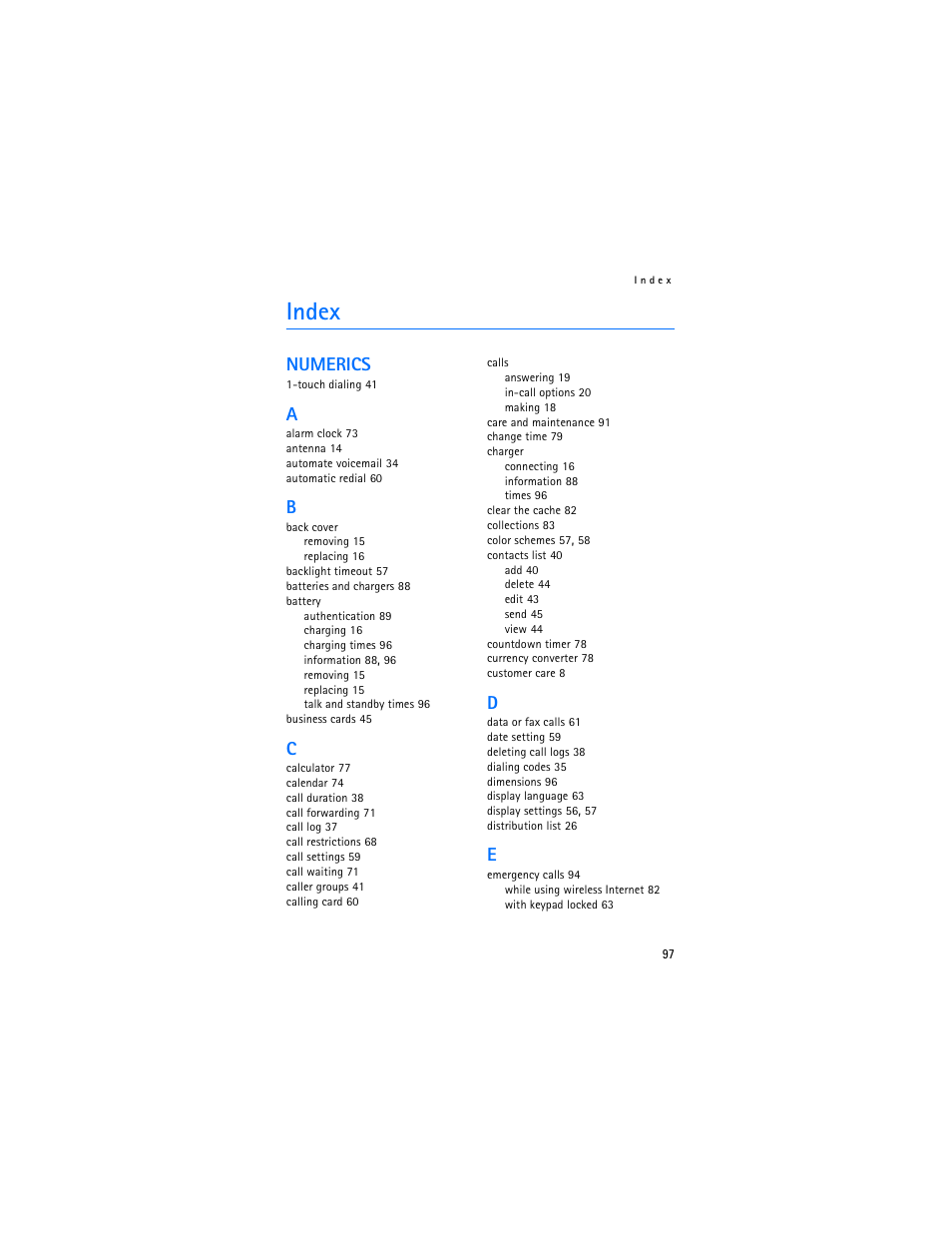 Index, Numerics | Nokia 6155i User Manual | Page 98 / 209