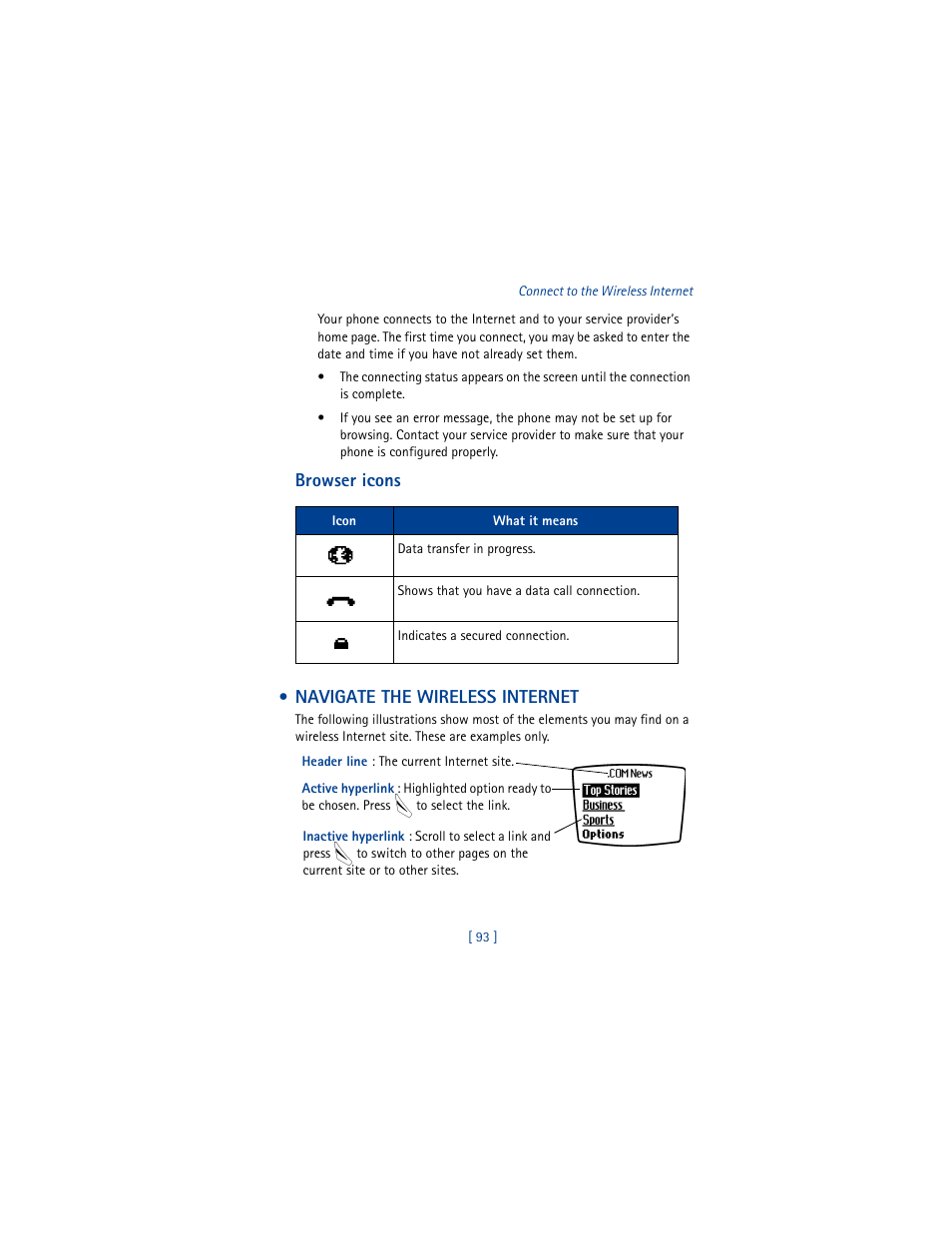 Navigate the wireless internet, Browser icons • navigate the wireless internet | Nokia 8265i User Manual | Page 100 / 145
