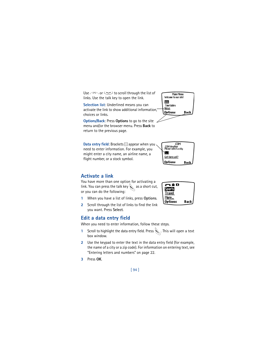 Activate a link, Edit a data entry field | Nokia 8265i User Manual | Page 101 / 145