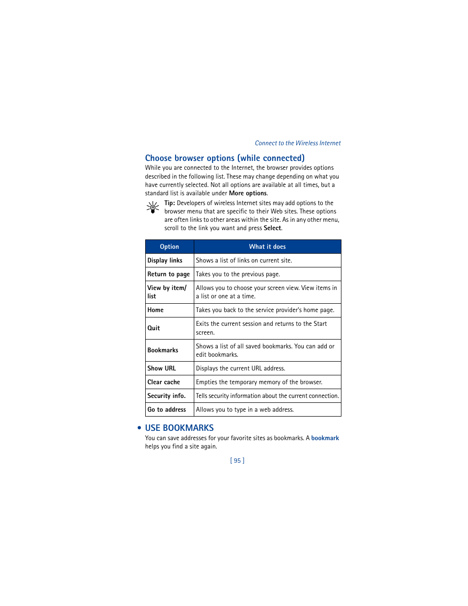 Use bookmarks, Choose browser options (while connected) | Nokia 8265i User Manual | Page 102 / 145