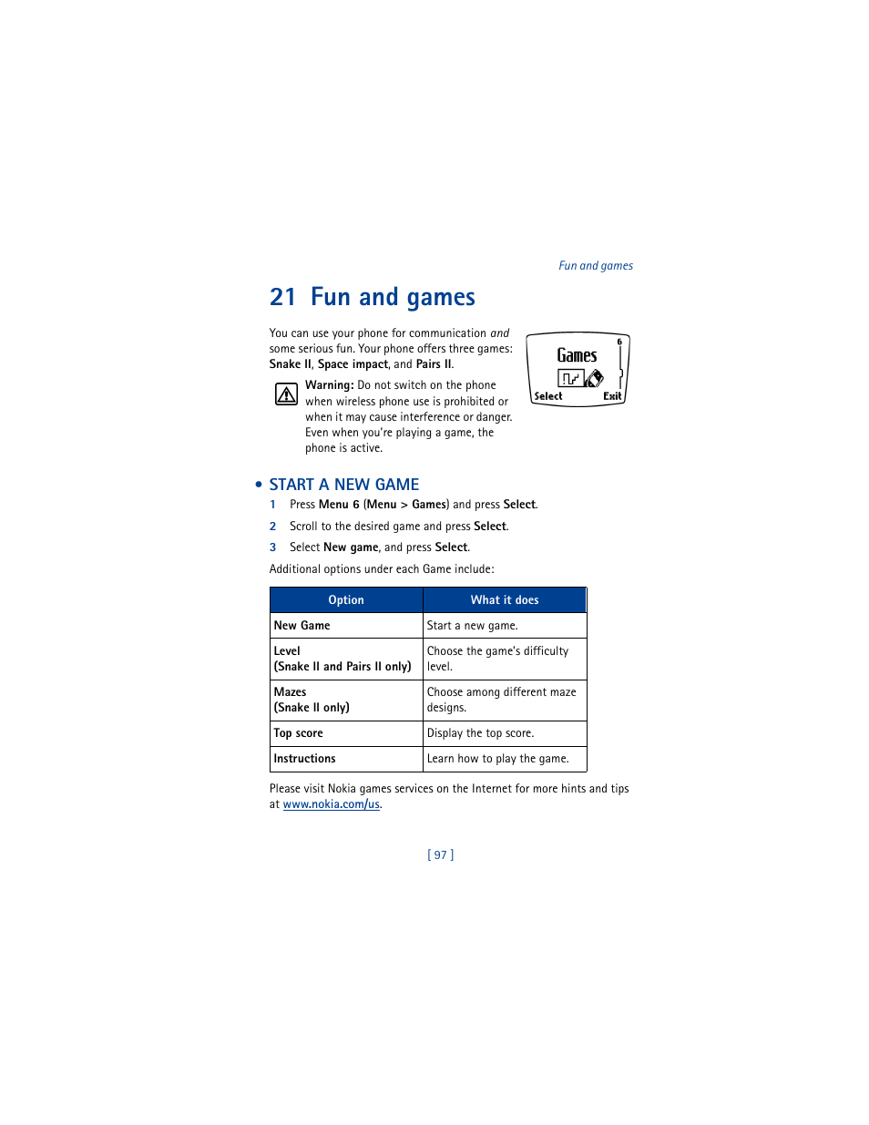 21 fun and games, Start a new game | Nokia 8265i User Manual | Page 104 / 145