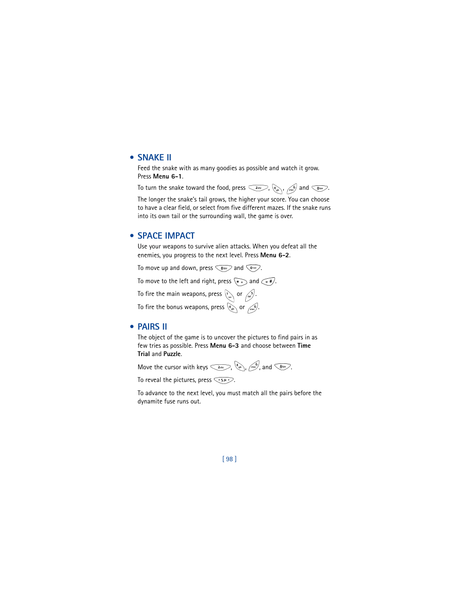 Snake ii, Space impact, Pairs ii | Nokia 8265i User Manual | Page 105 / 145