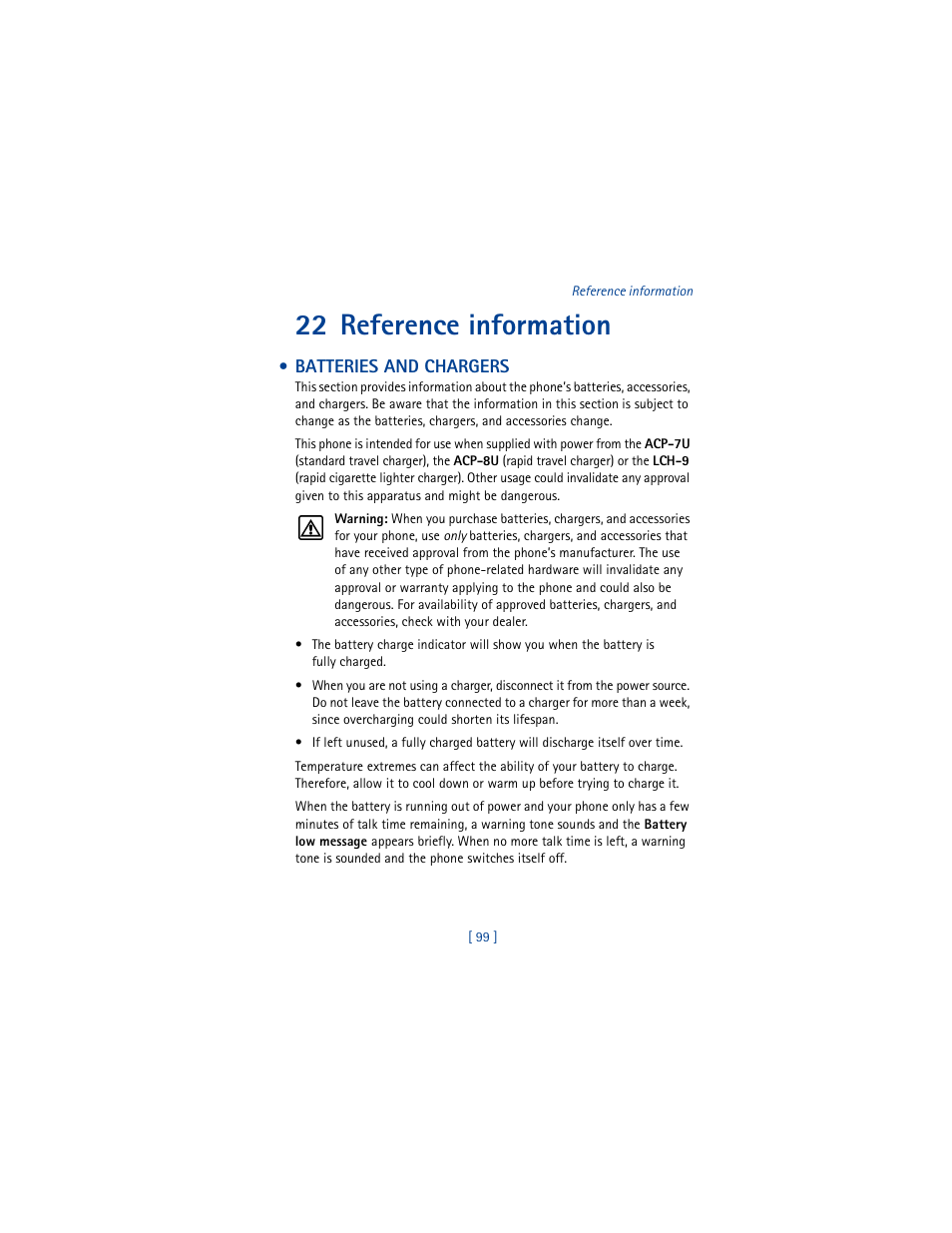22 reference information, Batteries and chargers | Nokia 8265i User Manual | Page 106 / 145