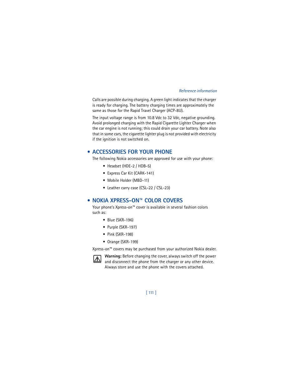 Accessories for your phone, Nokia xpress-on™ color covers | Nokia 8265i User Manual | Page 118 / 145