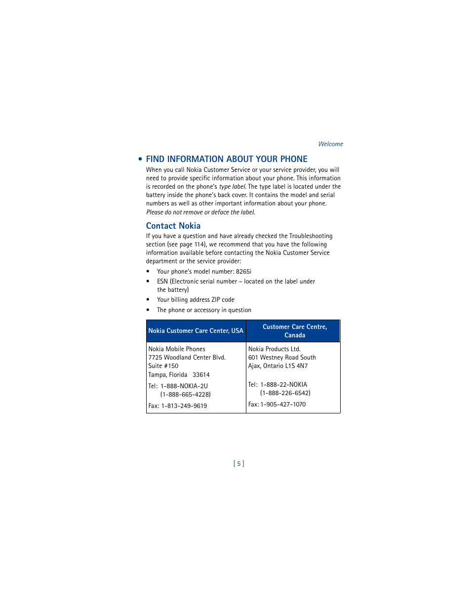 Find information about your phone, Contact nokia | Nokia 8265i User Manual | Page 12 / 145