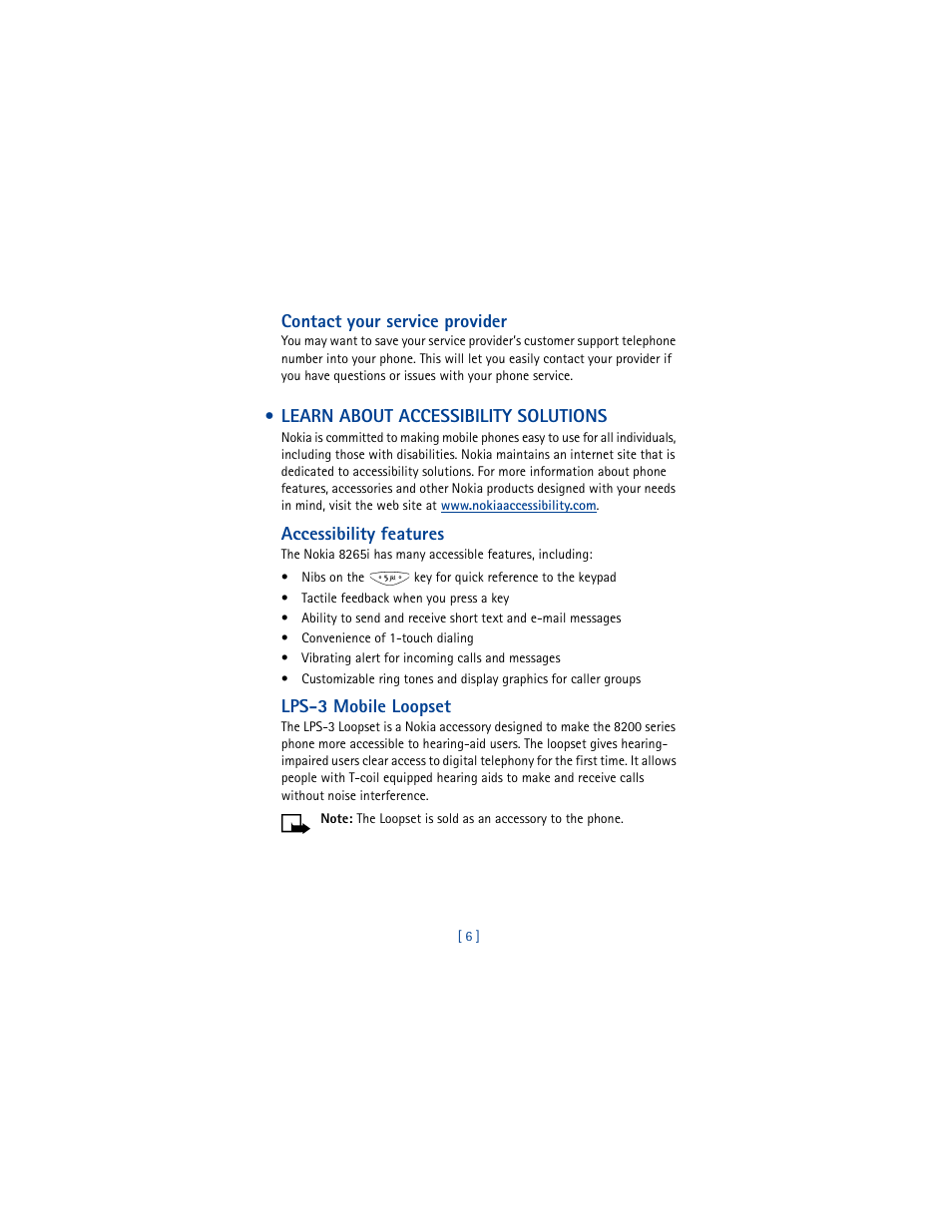 Learn about accessibility solutions | Nokia 8265i User Manual | Page 13 / 145