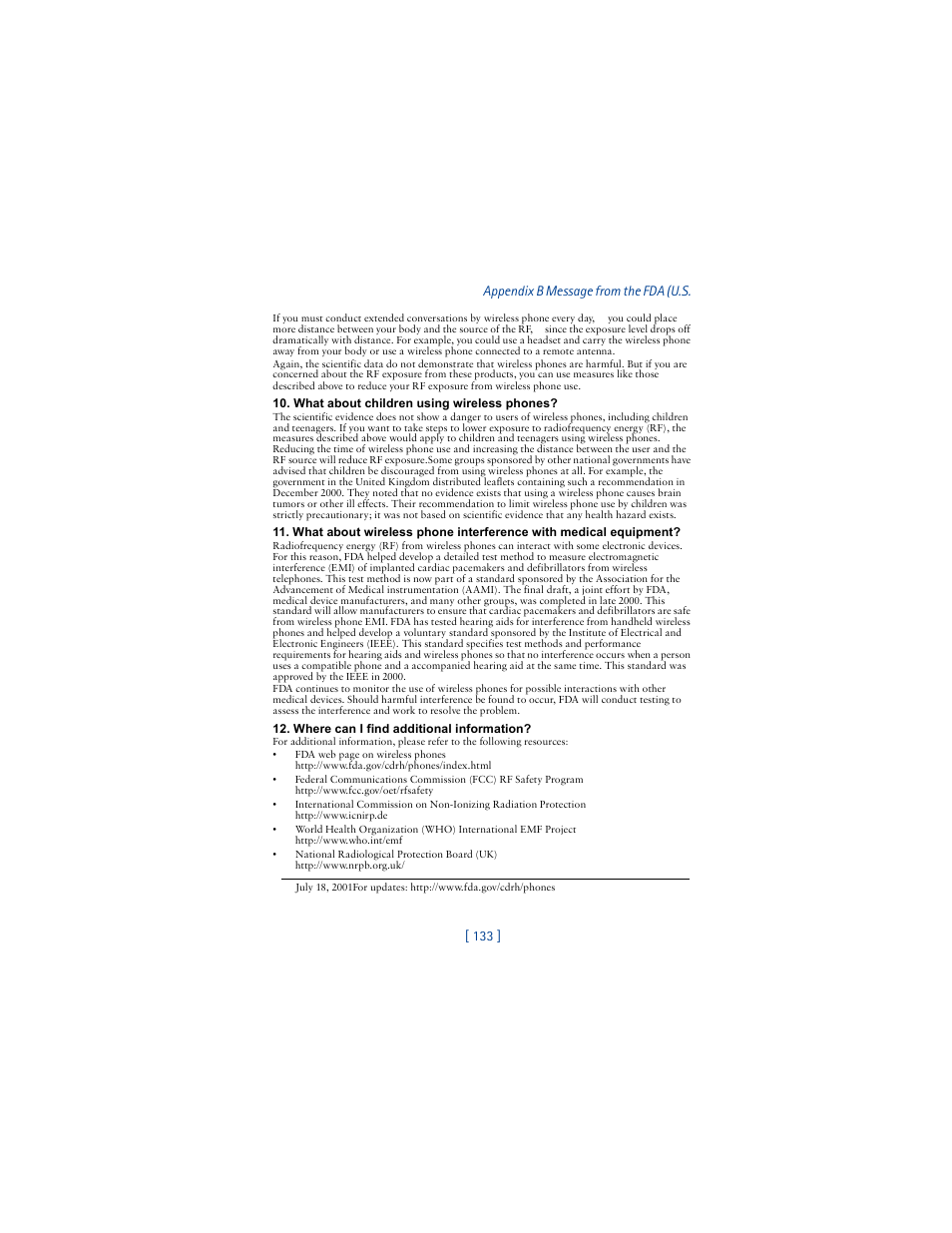 133 ] appendix b message from the fda (u.s | Nokia 8265i User Manual | Page 140 / 145