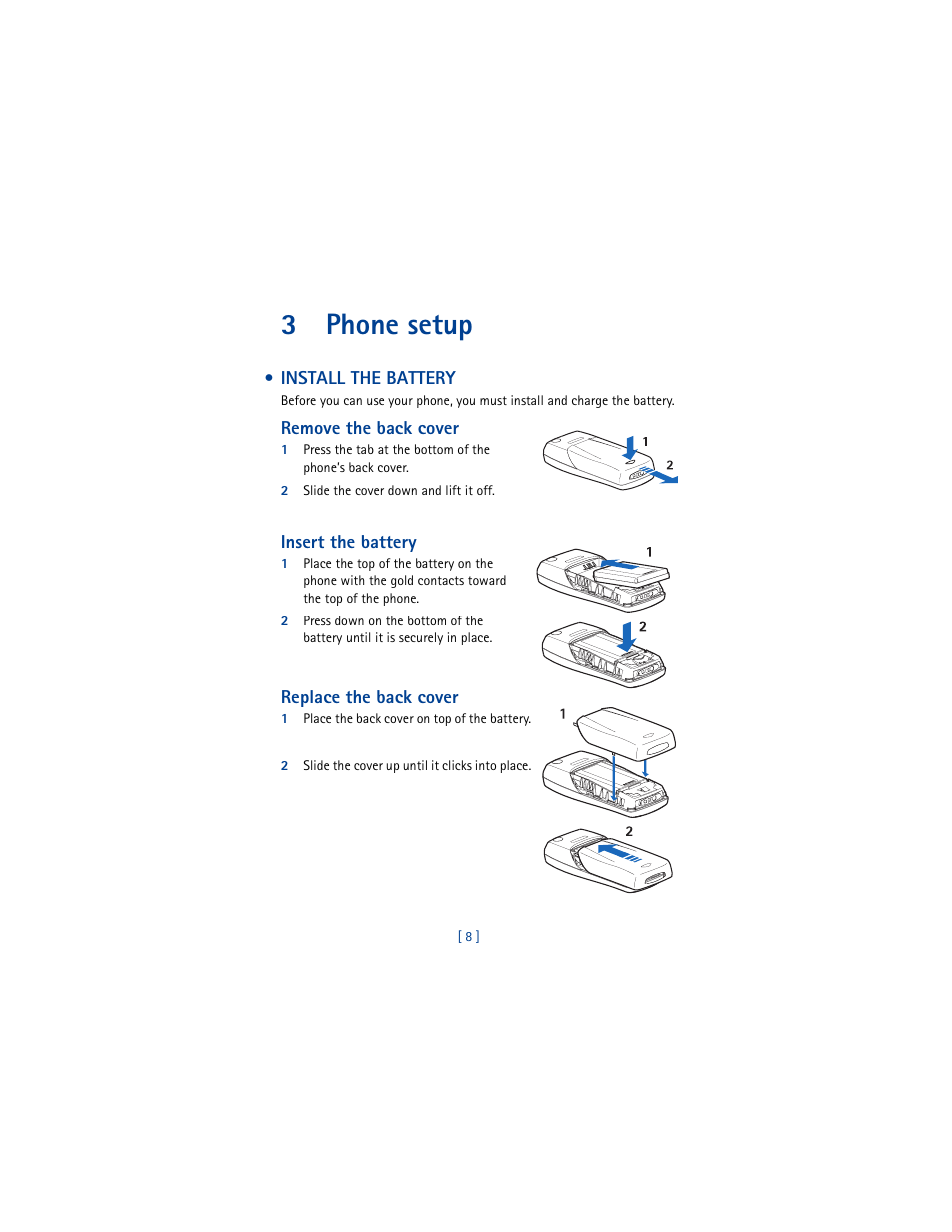 3 phone setup, Install the battery, 3phone setup | Nokia 8265i User Manual | Page 15 / 145