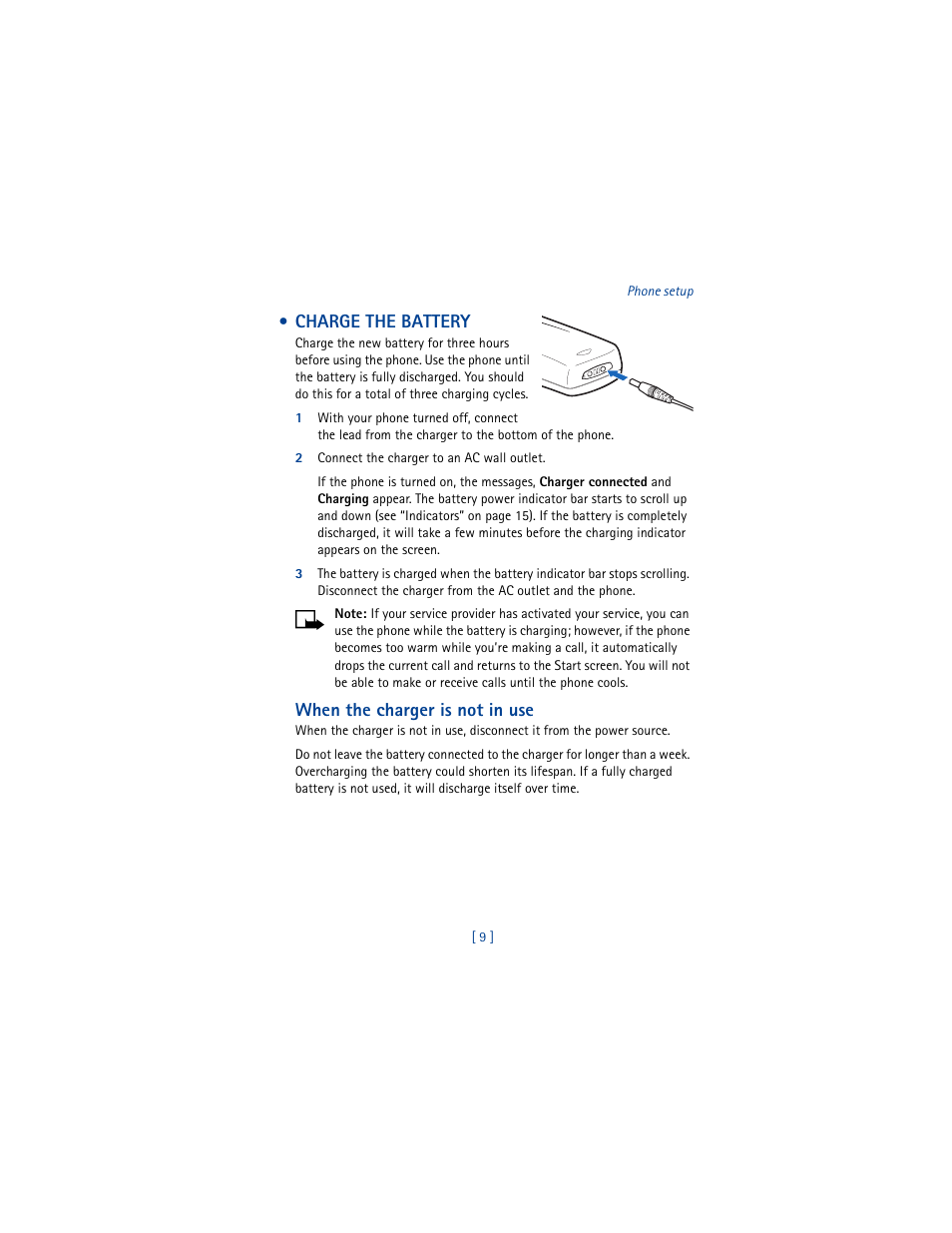 Charge the battery, When the charger is not in use | Nokia 8265i User Manual | Page 16 / 145