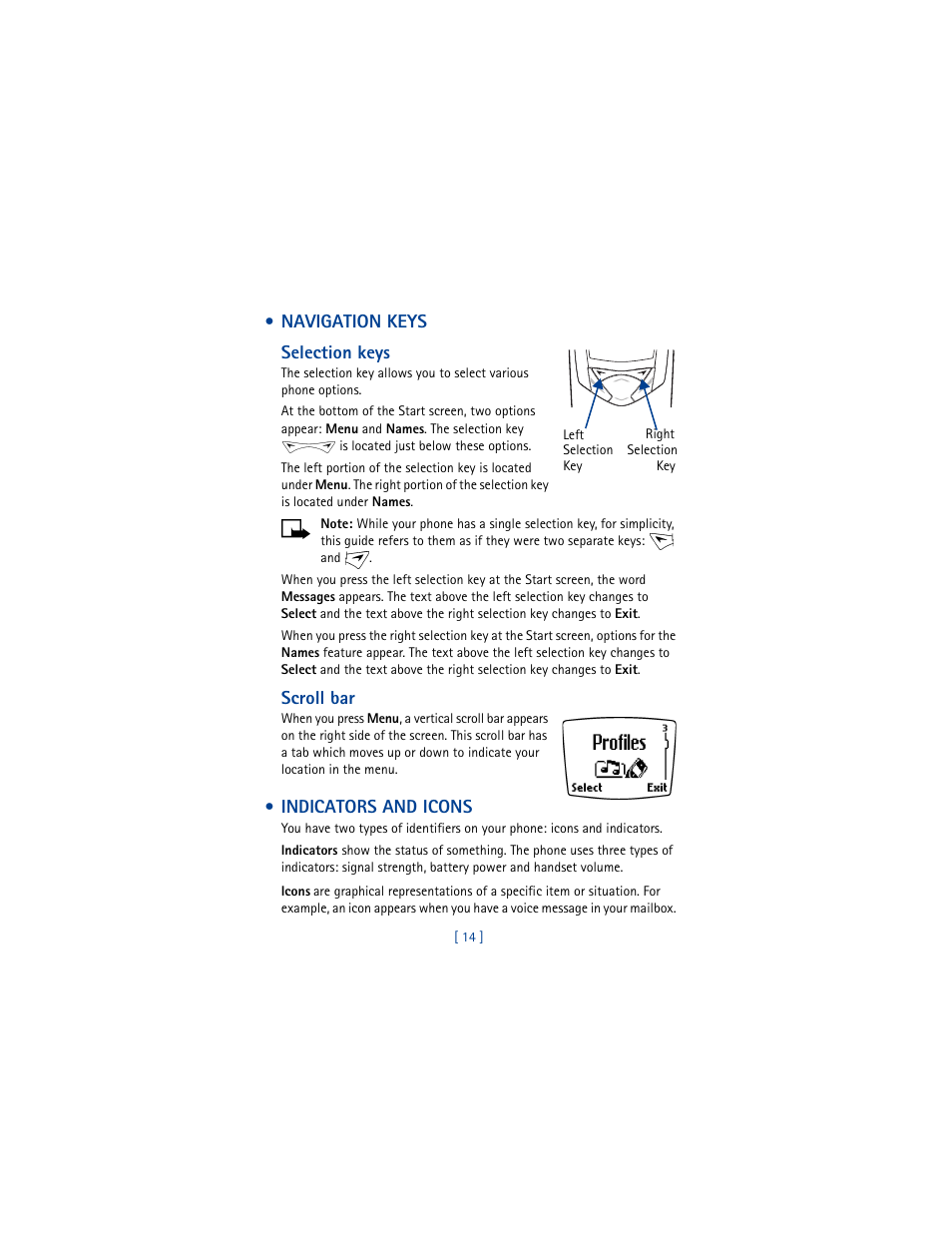 Navigation keys, Indicators and icons | Nokia 8265i User Manual | Page 21 / 145