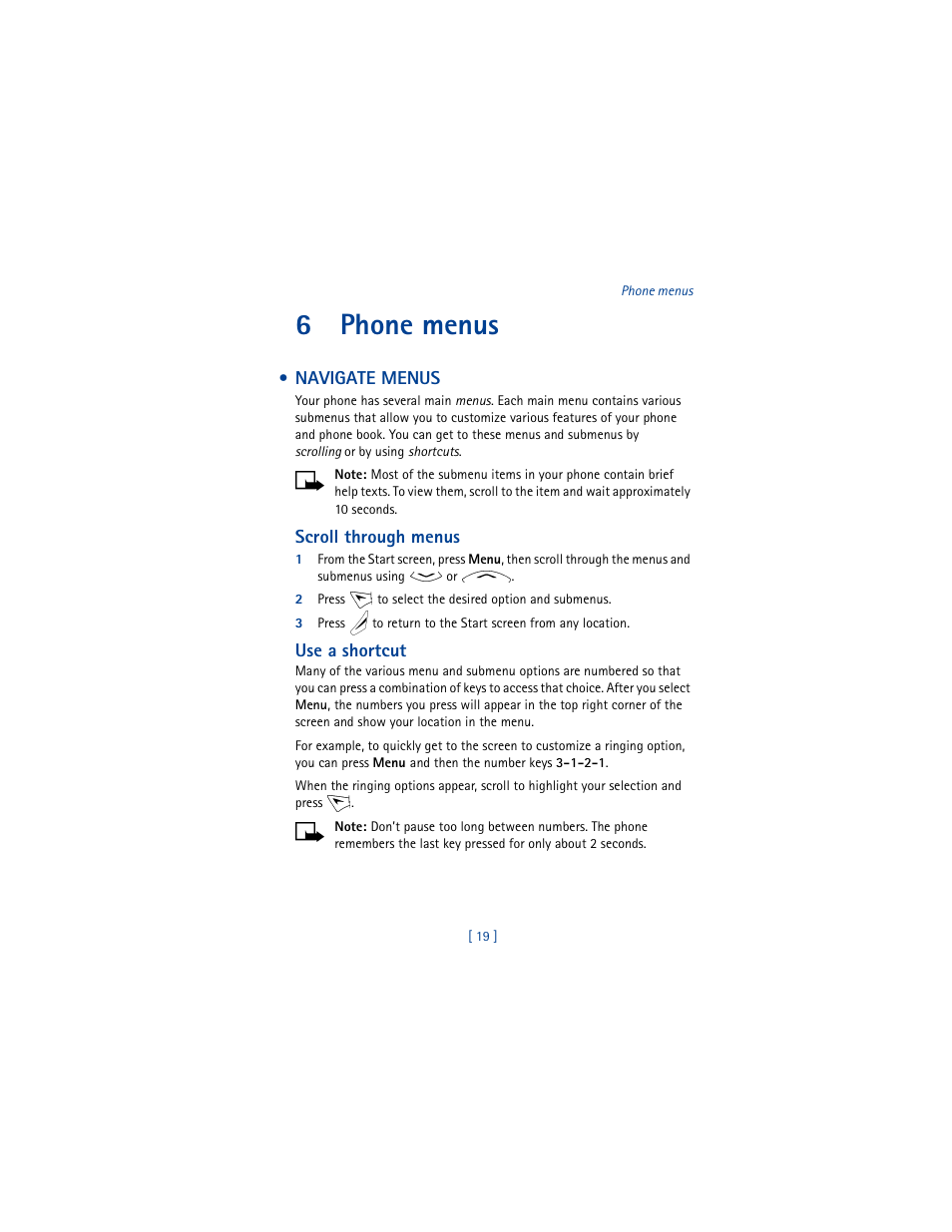 6 phone menus, Navigate menus, 6phone menus | Nokia 8265i User Manual | Page 26 / 145