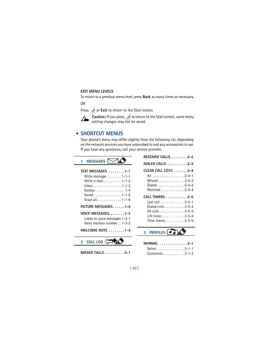 Shortcut menus | Nokia 8265i User Manual | Page 27 / 145