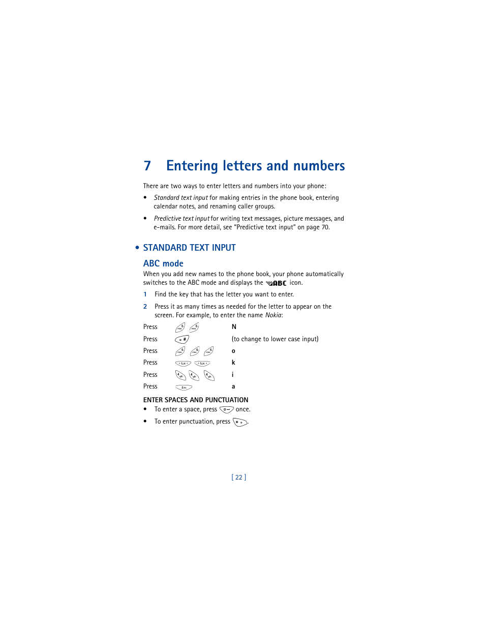 7 entering letters and numbers, Standard text input, 7entering letters and numbers | Nokia 8265i User Manual | Page 29 / 145