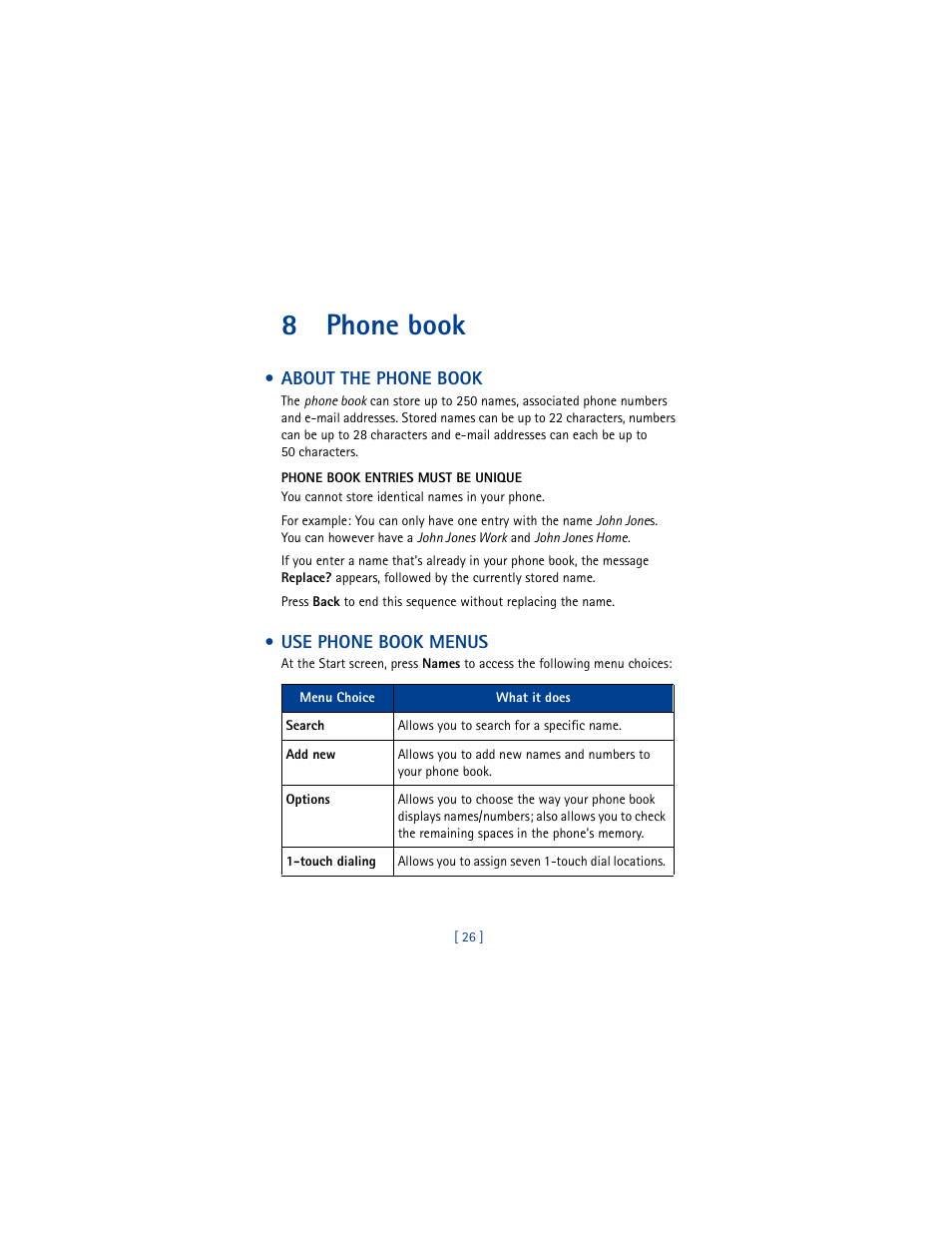 8 phone book, About the phone book, Use phone book menus | 8phone book | Nokia 8265i User Manual | Page 33 / 145