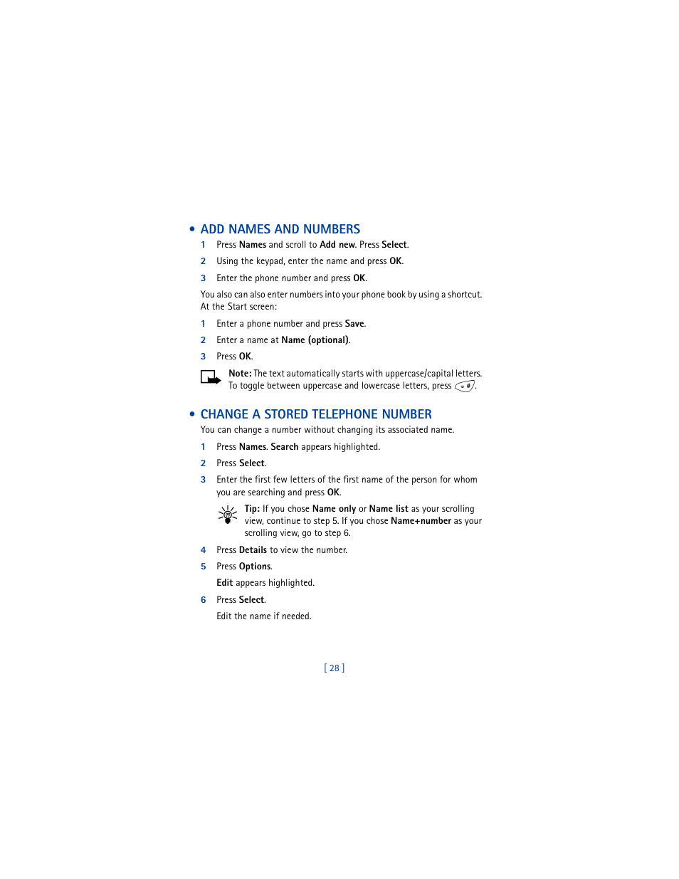 Add names and numbers, Change a stored telephone number | Nokia 8265i User Manual | Page 35 / 145