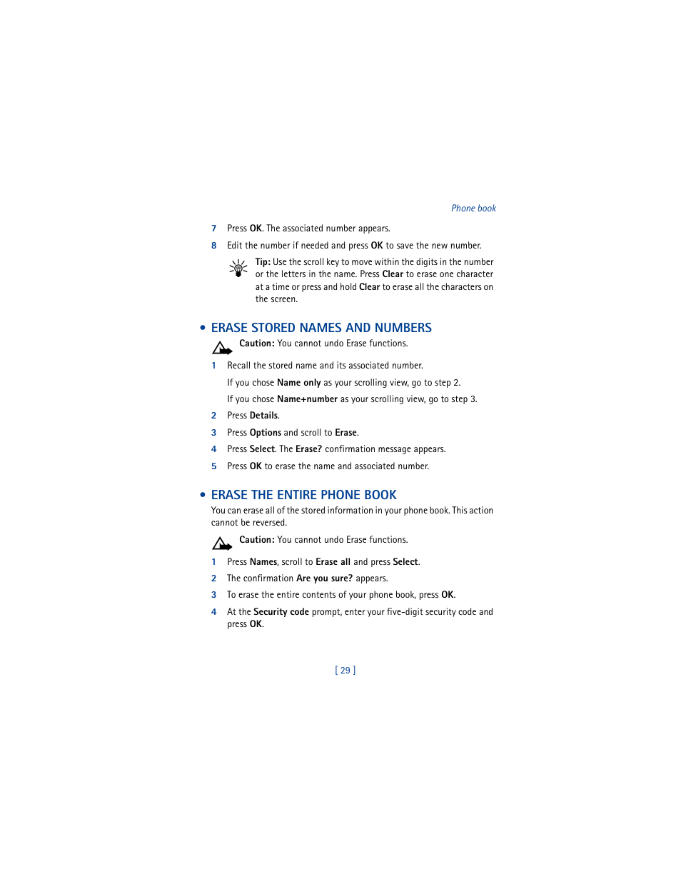 Erase stored names and numbers, Erase the entire phone book | Nokia 8265i User Manual | Page 36 / 145