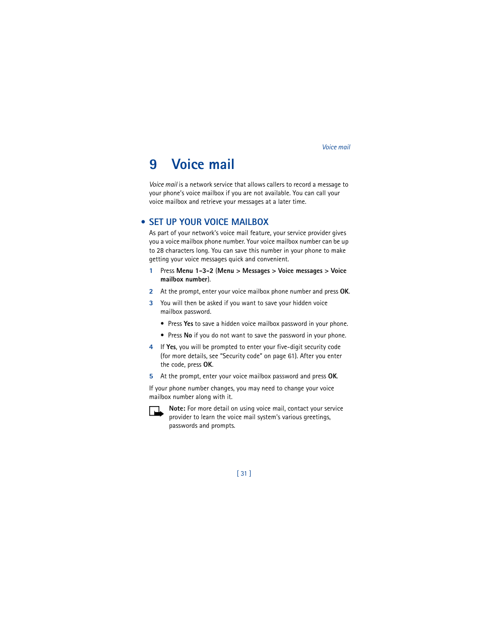 9 voice mail, Set up your voice mailbox, 9voice mail | Nokia 8265i User Manual | Page 38 / 145