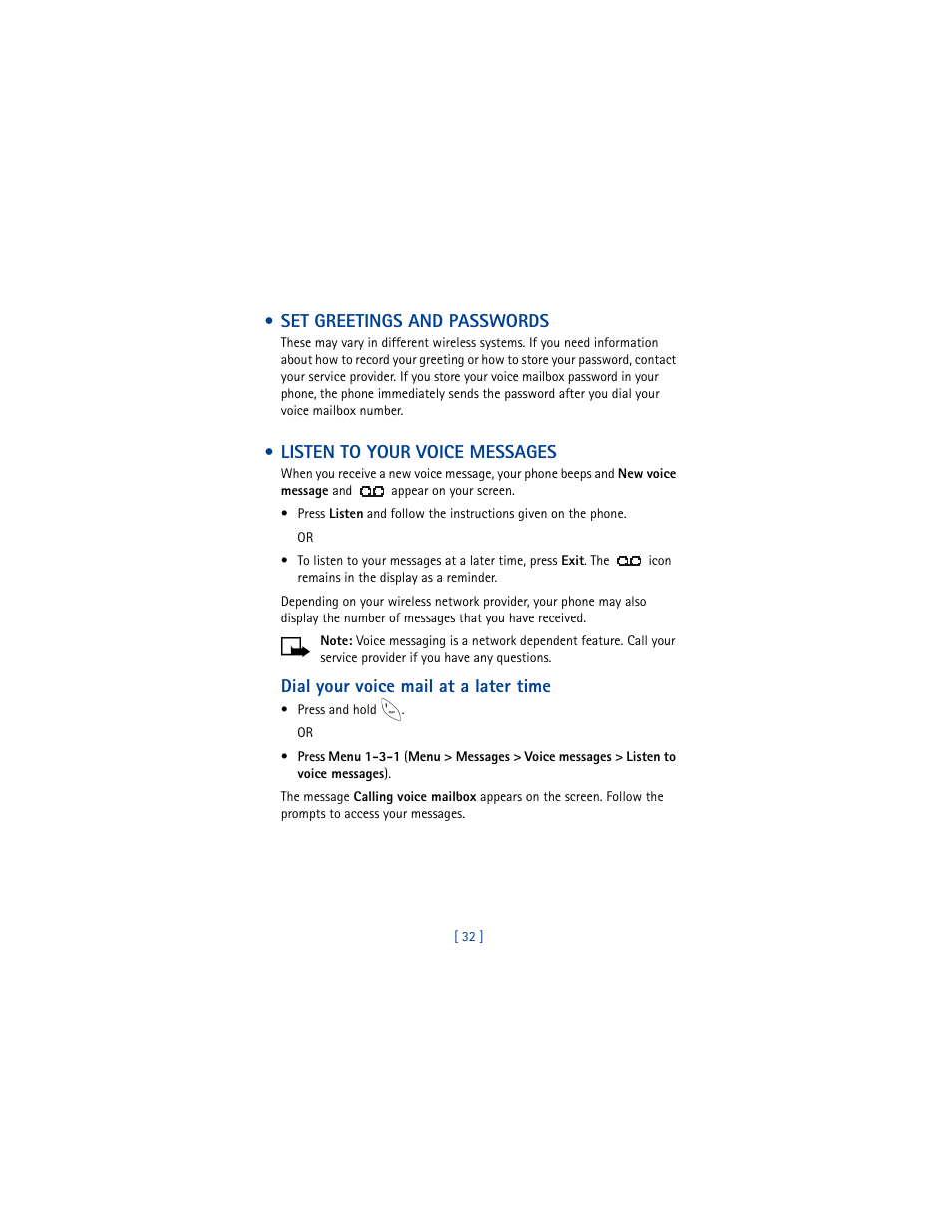 Set greetings and passwords, Listen to your voice messages | Nokia 8265i User Manual | Page 39 / 145