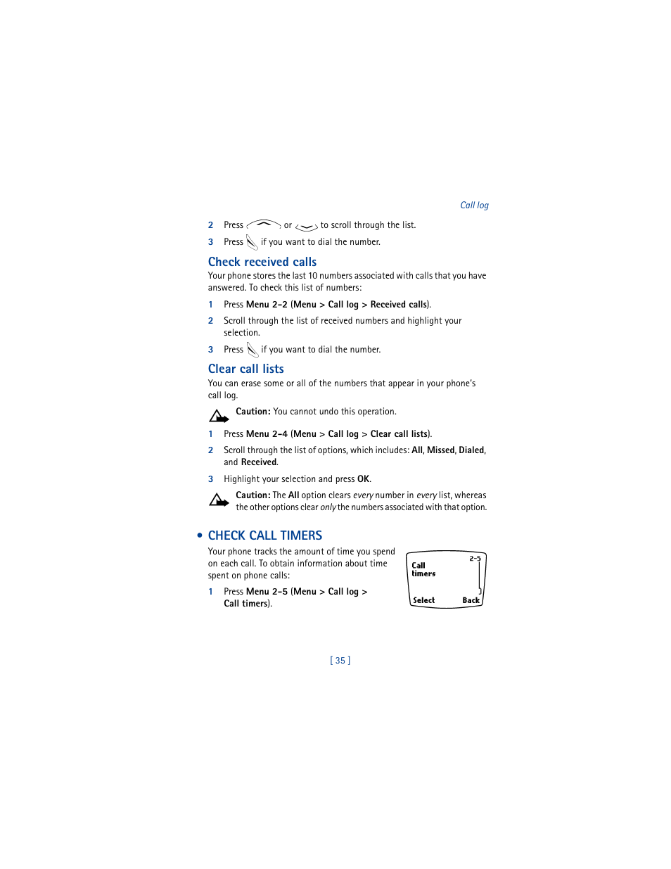 Check call timers, Check received calls, Clear call lists | Nokia 8265i User Manual | Page 42 / 145