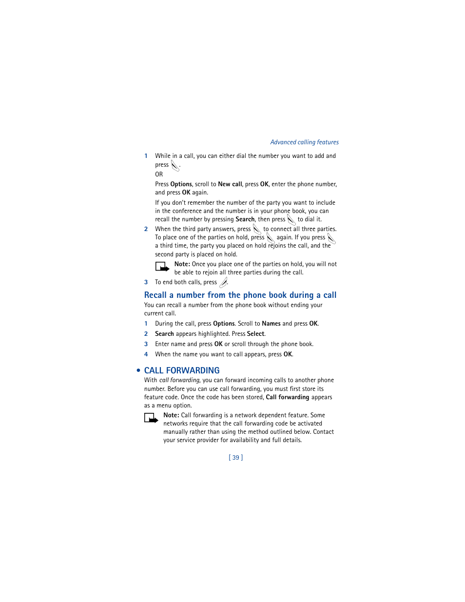 Call forwarding, Recall a number from the phone book during a call | Nokia 8265i User Manual | Page 46 / 145