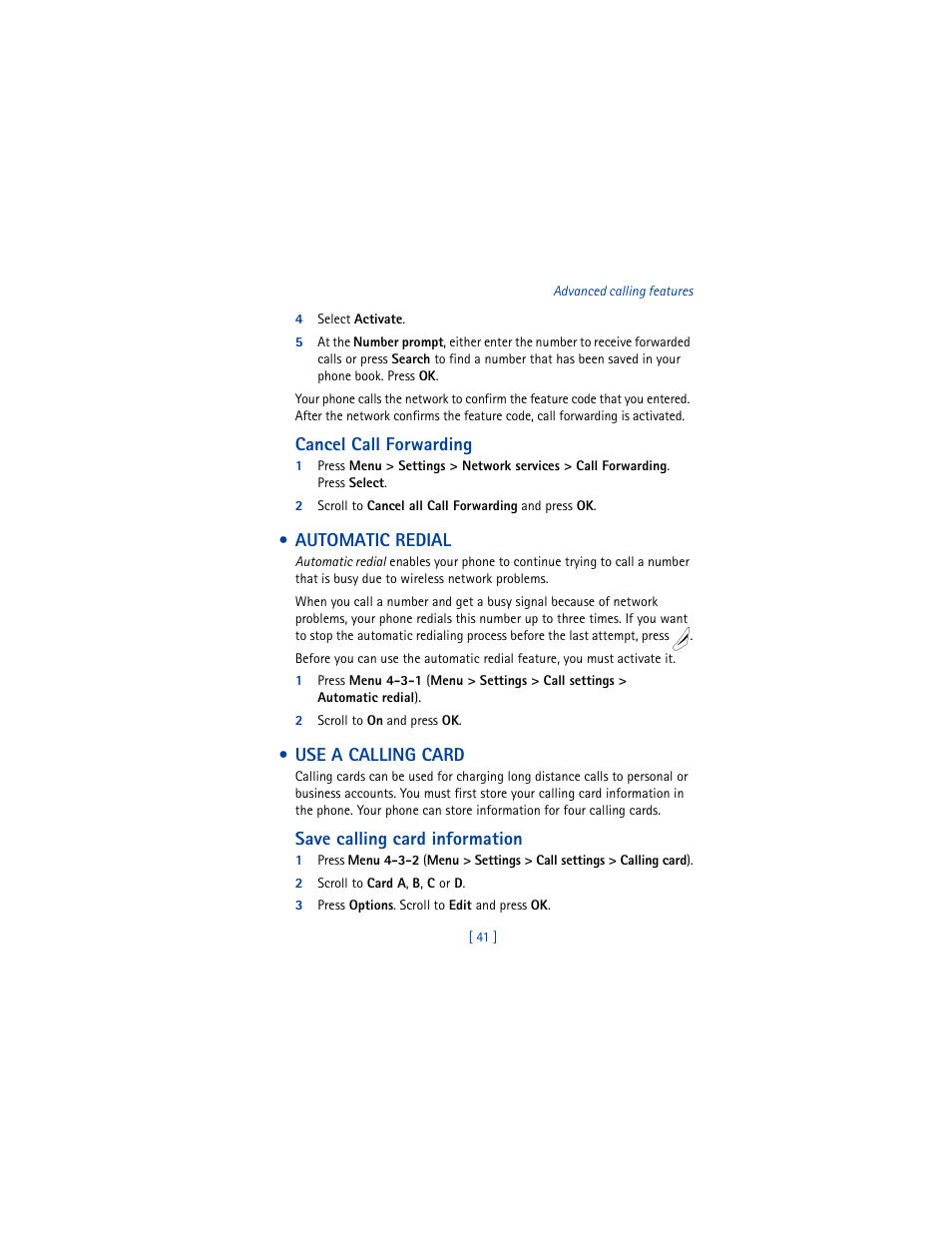 Automatic redial, Use a calling card, Cancel call forwarding | Save calling card information | Nokia 8265i User Manual | Page 48 / 145