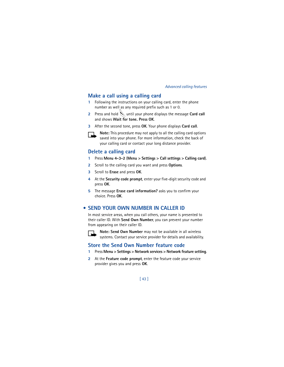Send your own number in caller id, Make a call using a calling card, Delete a calling card | Store the send own number feature code | Nokia 8265i User Manual | Page 50 / 145