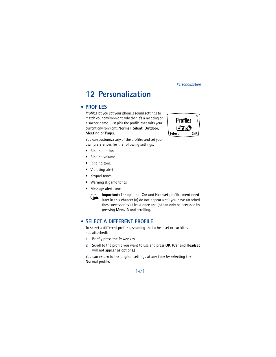 12 personalization, Profiles, Select a different profile | Nokia 8265i User Manual | Page 54 / 145