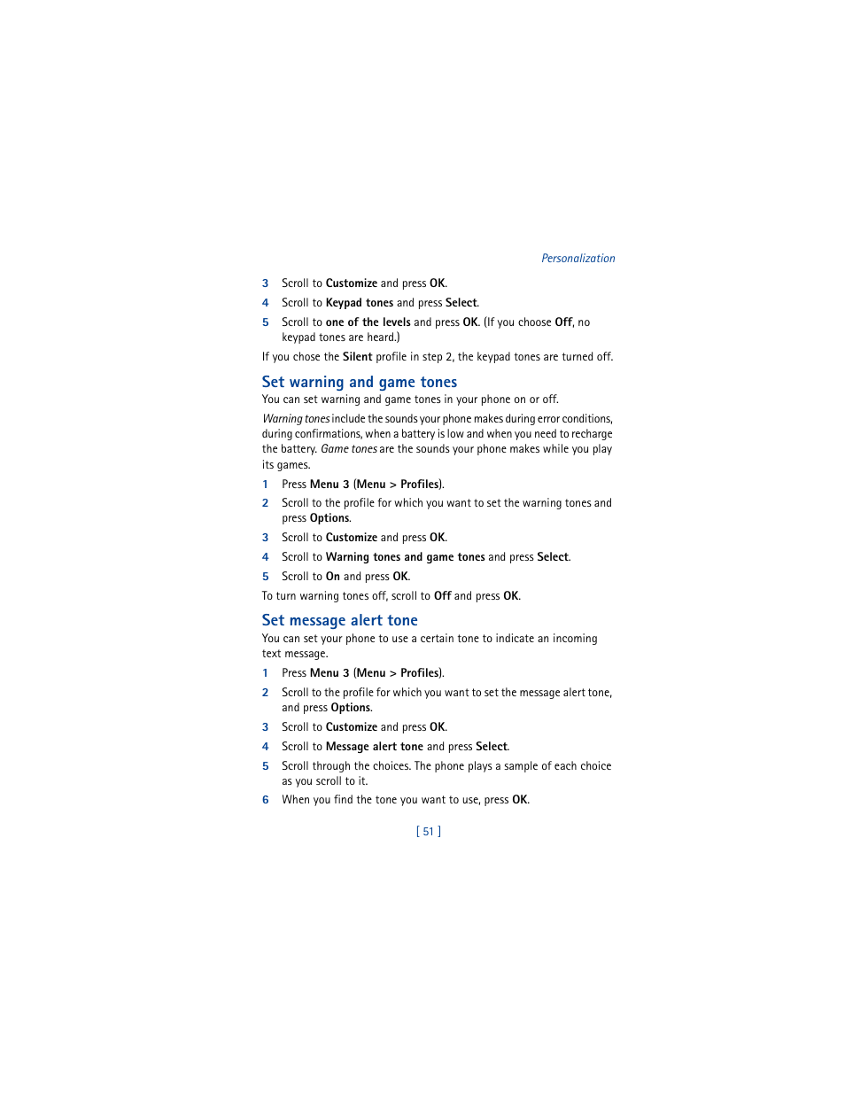Set warning and game tones, Set message alert tone | Nokia 8265i User Manual | Page 58 / 145
